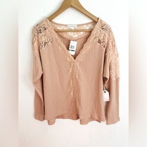 Coco Jaimeson Dusty Pink Boho Lace Waffle Knit Long Sleeve Top L